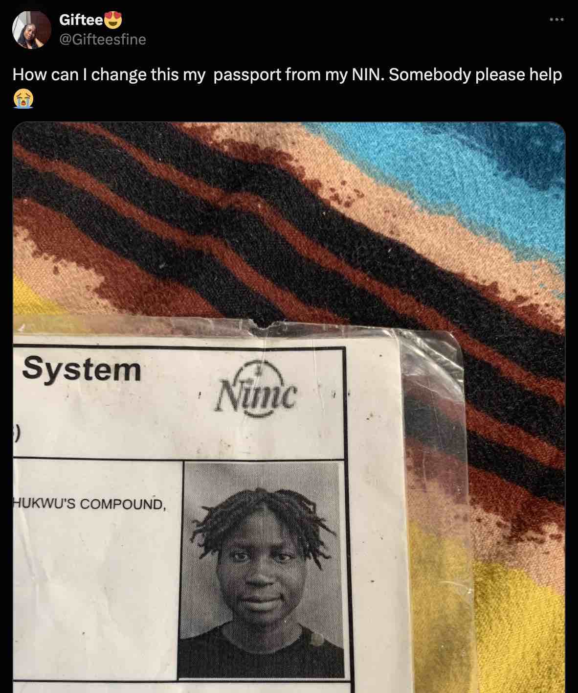 Lady seeks advice on changing picture on her NIMC slip, sparks a buzz